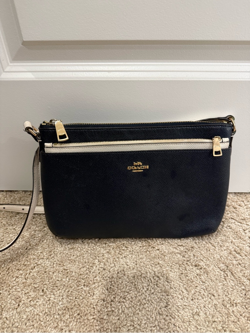 Coach Navy Crossbody with Cream Trim and Gold Hardware